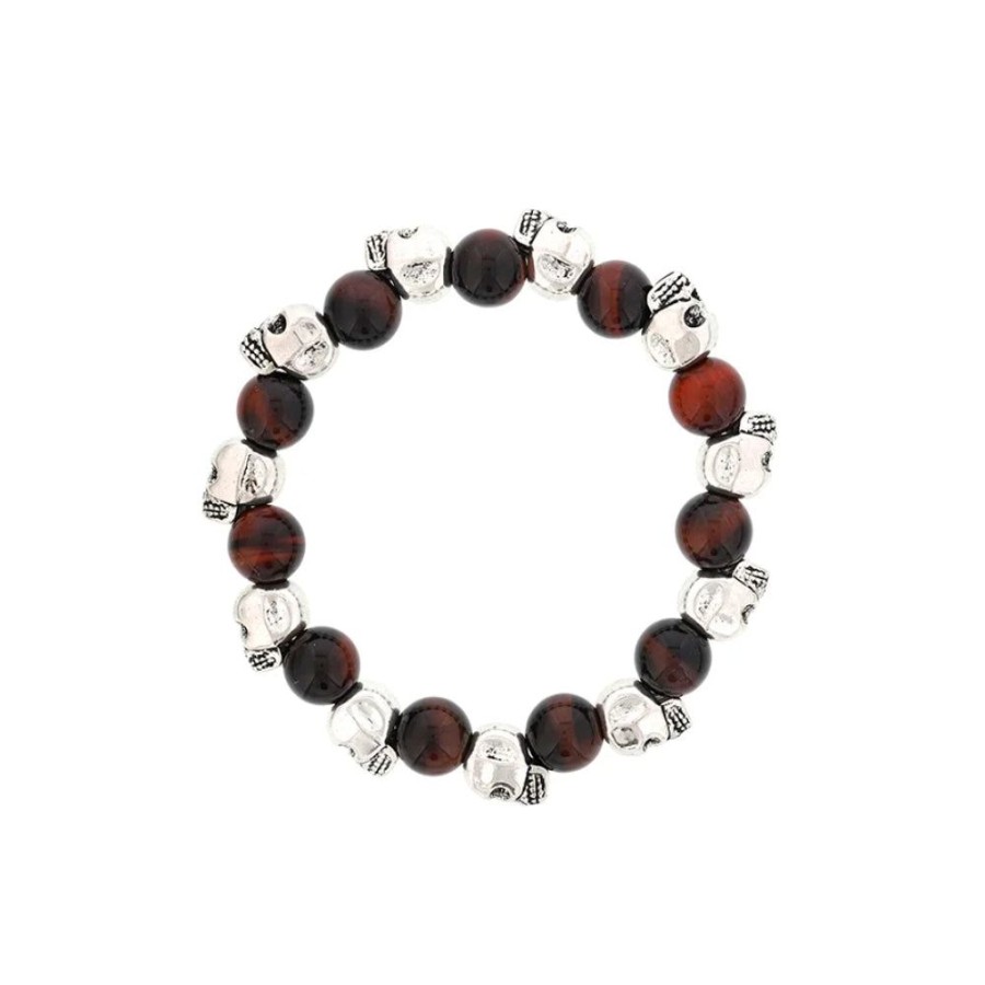 Jewelry Smyth Jewelers | Men'S Red Tiger Eye Bracelet With Silver Tone Skulls