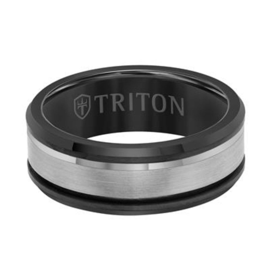 Jewelry Frederick Goldman | Men'S 8Mm Gun Metal Grey & White Tungsten Wedding Band