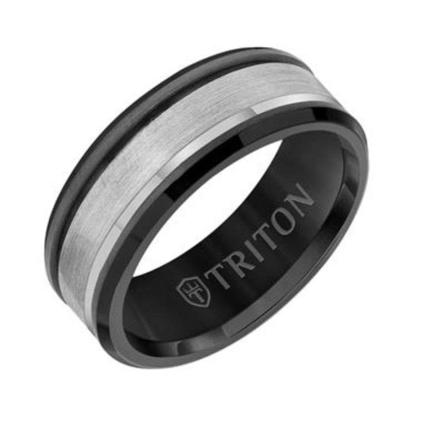 Jewelry Frederick Goldman | Men'S 8Mm Gun Metal Grey & White Tungsten Wedding Band