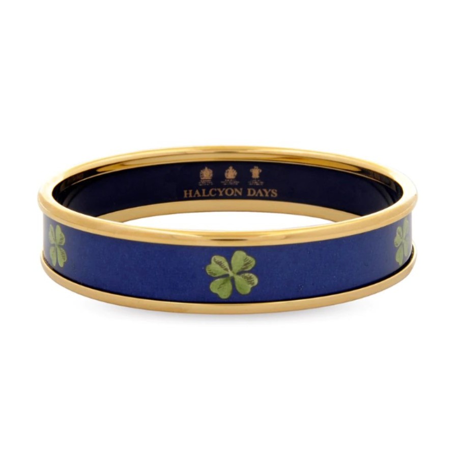 Jewelry Halcyon Days | Halcyon Days 1Cm Four Leaf Clover Navy & Gold Enamel Bangle