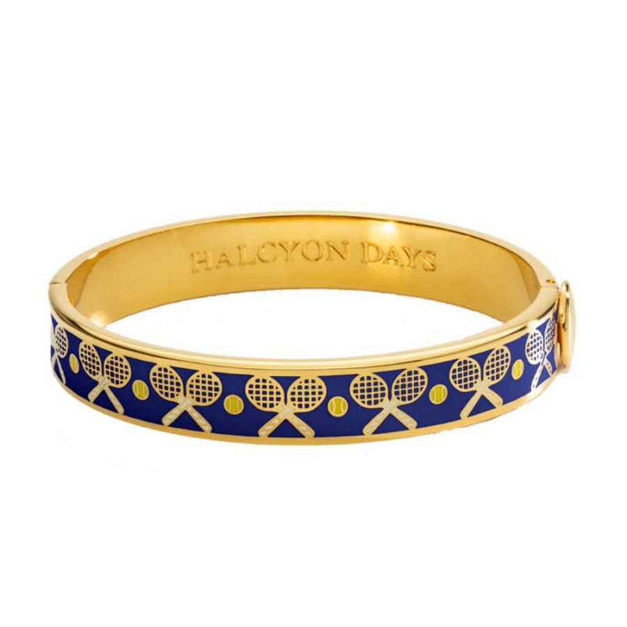 Jewelry Halcyon Days | Halcyon Days 1Cm Tennis Racket & Ball Gold Hinged Enamel Bangle