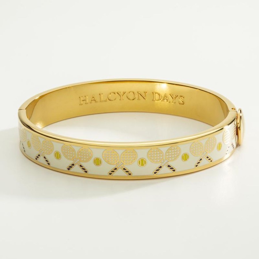 Jewelry Halcyon Days | Halcyon Days 1Cm Tennis Racket & Ball Gold Hinged Enamel Bangle